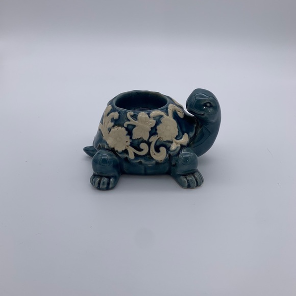 Blue & White Tea Light Ceramic Turtle Candle Or Plant Holder Crackle - Picture 5 of 12